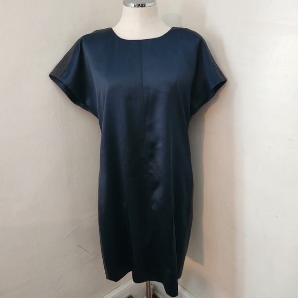 Etcetera Dresses & Skirts - Etcetera Womens Navy Satin Gray Jersey Colorblock‎ Shift Dress Size 12